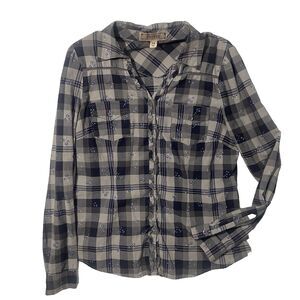 Y2K Decree Purple & Gray Floral Plaid Long Sleeve Button-Up Shirt Size Large